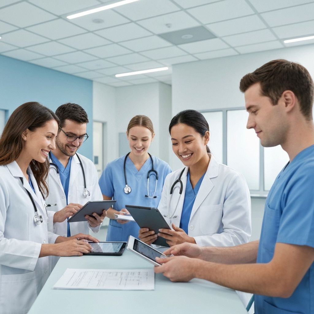 Healthcare professionals collaborating in a modern medical facility